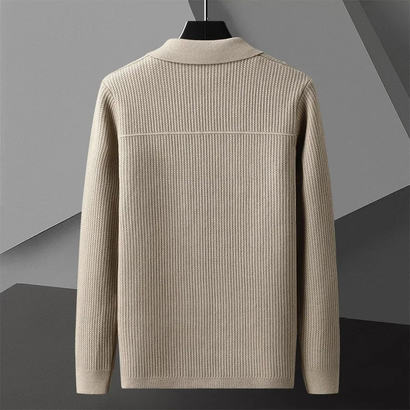 Men's ribbed knit cardigan with a shirt collar, buttons and patch pockets - view 5