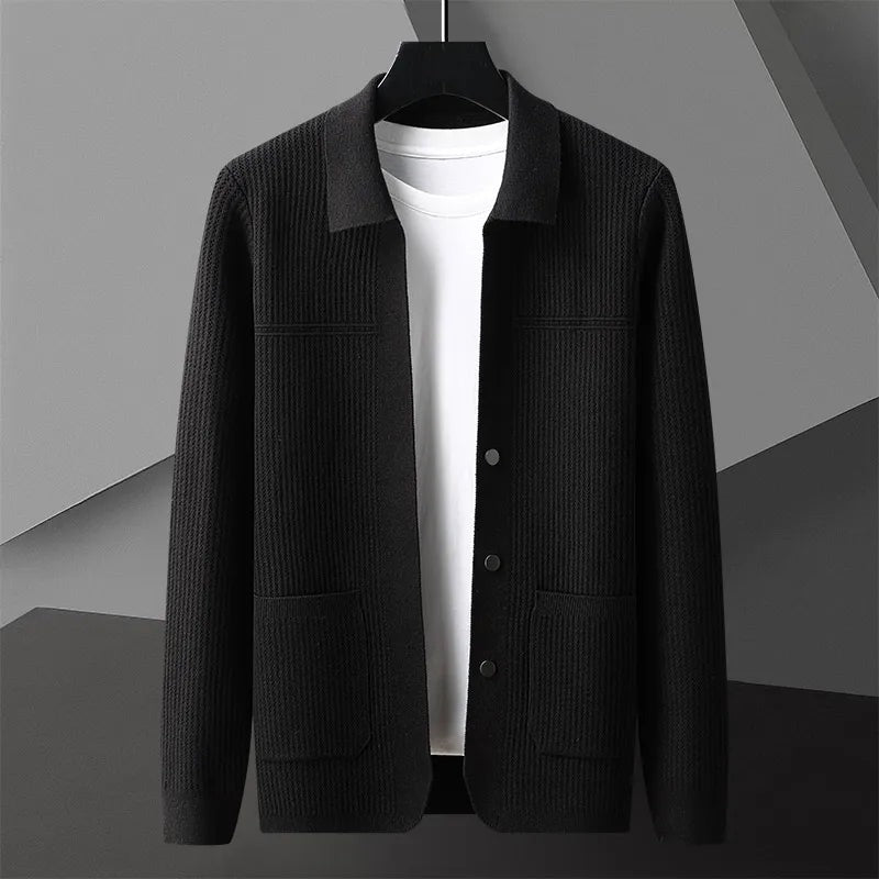 Men's ribbed knit cardigan with a shirt collar, buttons and patch pockets - black