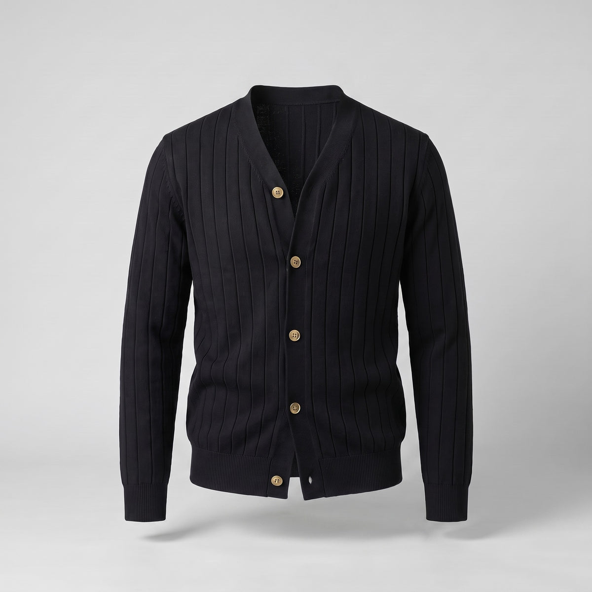 Men's ribbed cardigan with a V-neck and button front - black