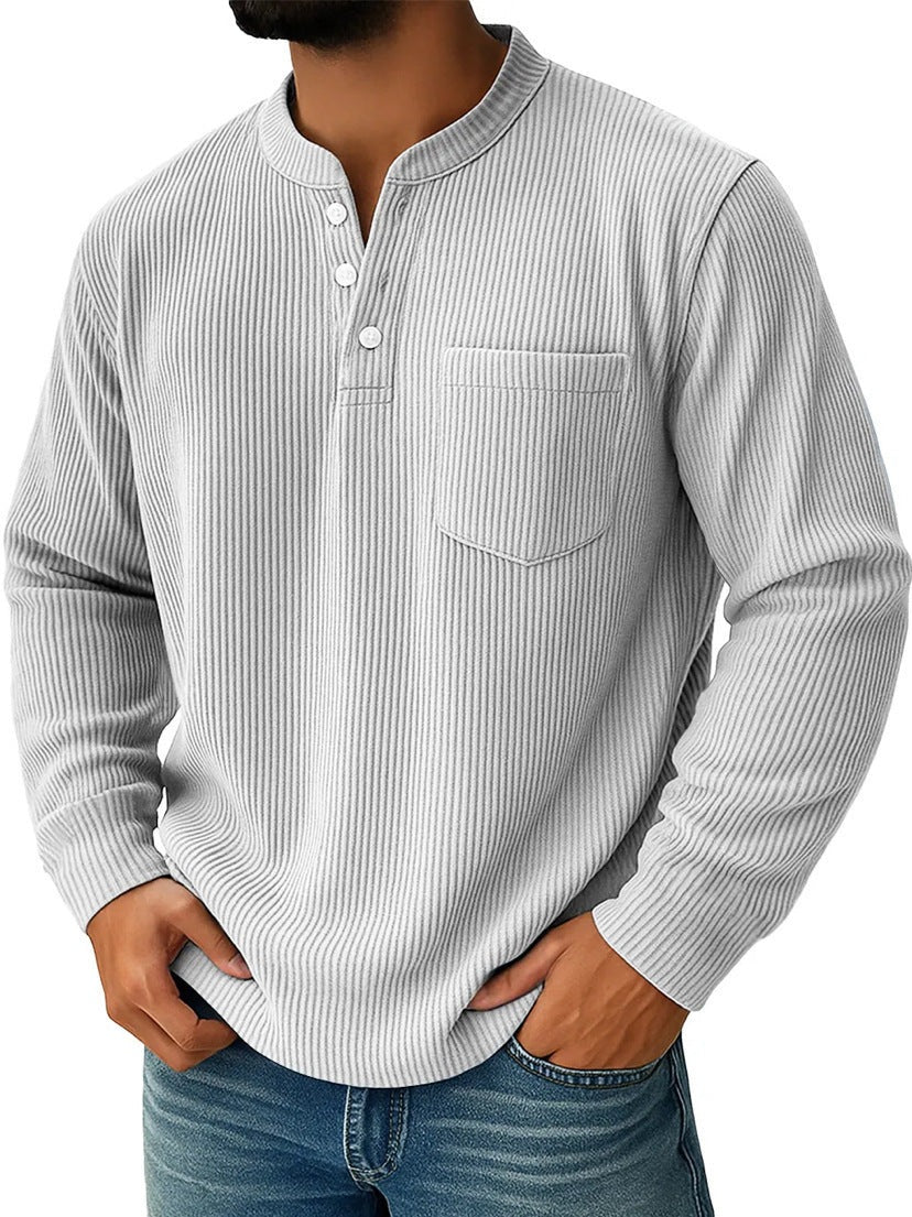 Men's long-sleeve ribbed henley shirt with a chest pocket - off-white