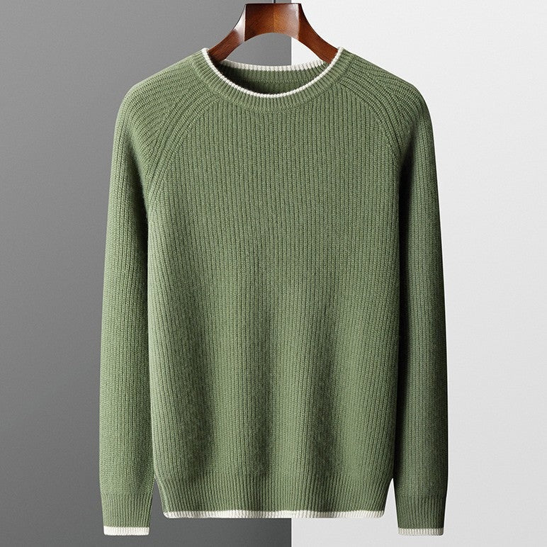 Men's ribbed crew neck jumper with off-white contrast tipping - sage green