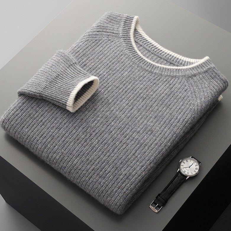 Men's ribbed crew neck jumper with off-white contrast tipping - grey marl