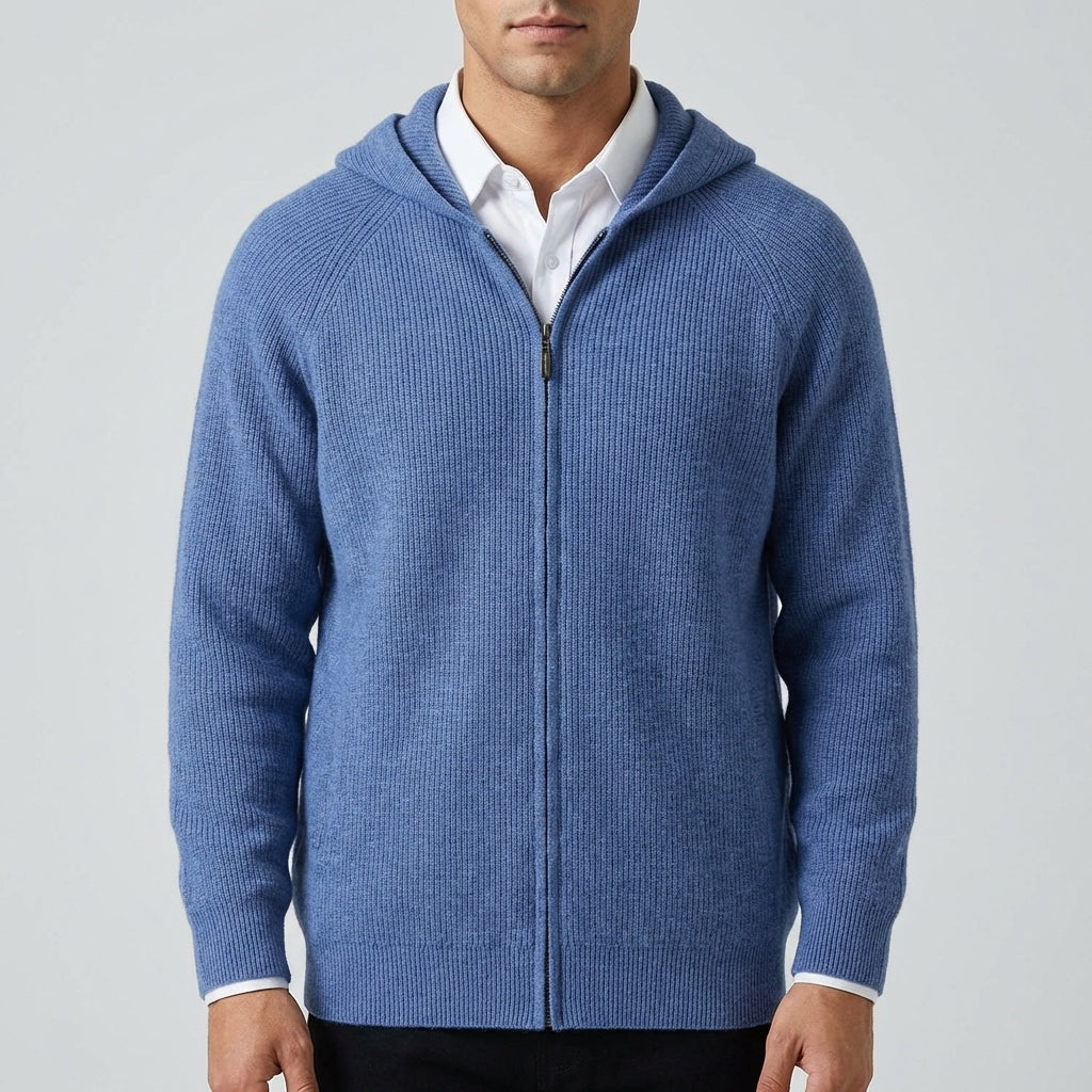 Men's ribbed knit hooded cardigan with a full-length zip and raglan sleeves