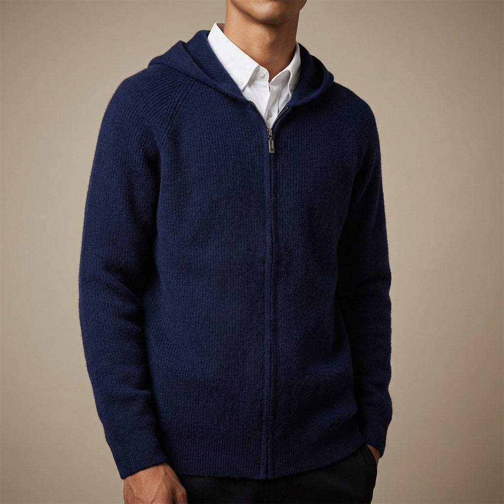 Men's ribbed knit hooded cardigan with a full-length zip and raglan sleeves - view 2