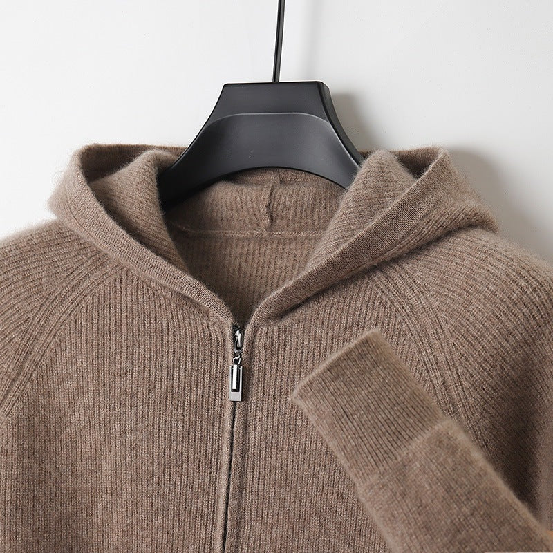 Men's ribbed knit hooded cardigan with a full-length zip and raglan sleeves - taupe