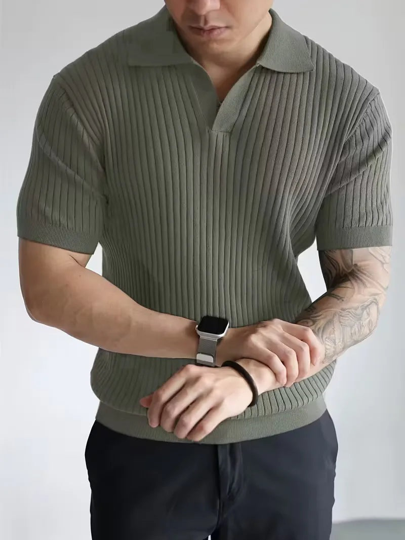 Men's ribbed knit polo with an open V-neck - sage green