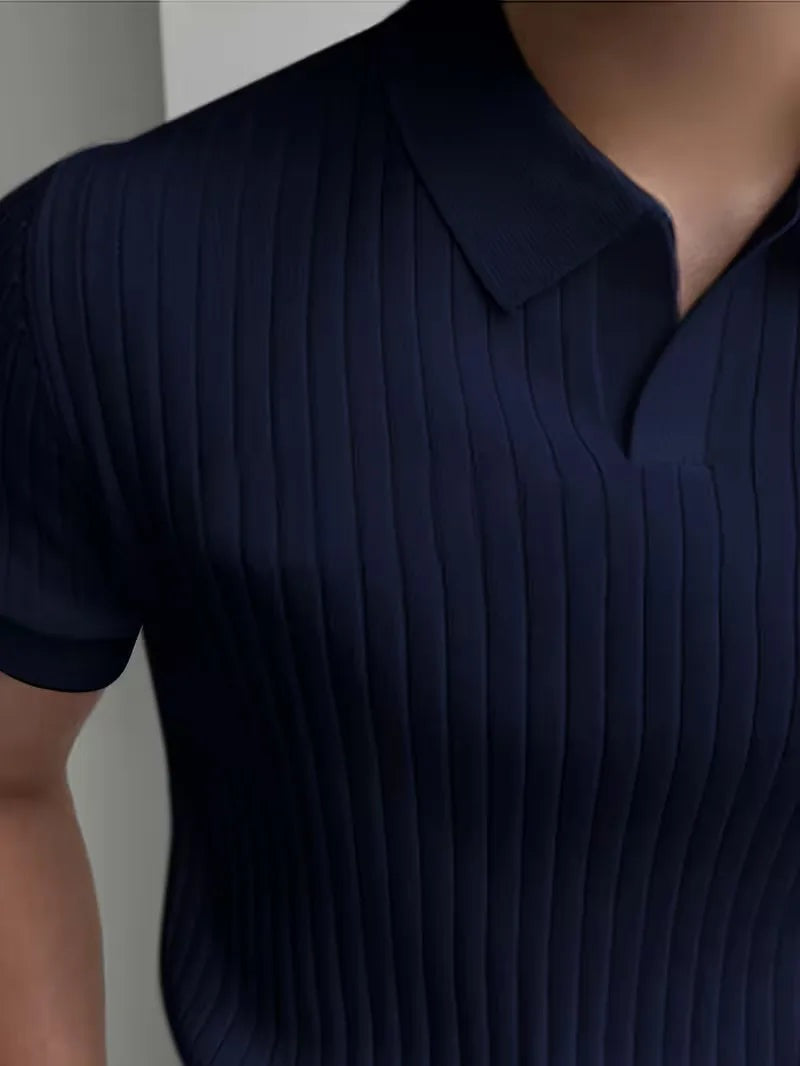 Men's ribbed knit polo with an open V-neck - view 6