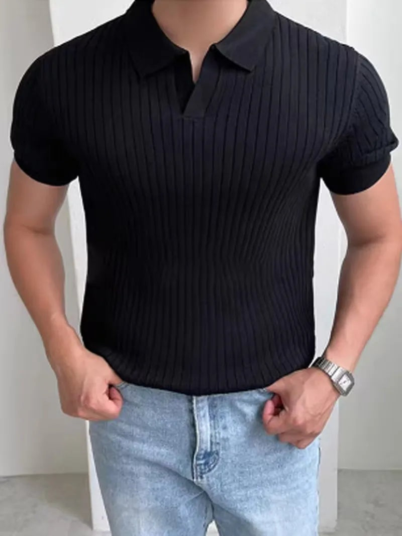 Men's ribbed knit polo with an open V-neck - black