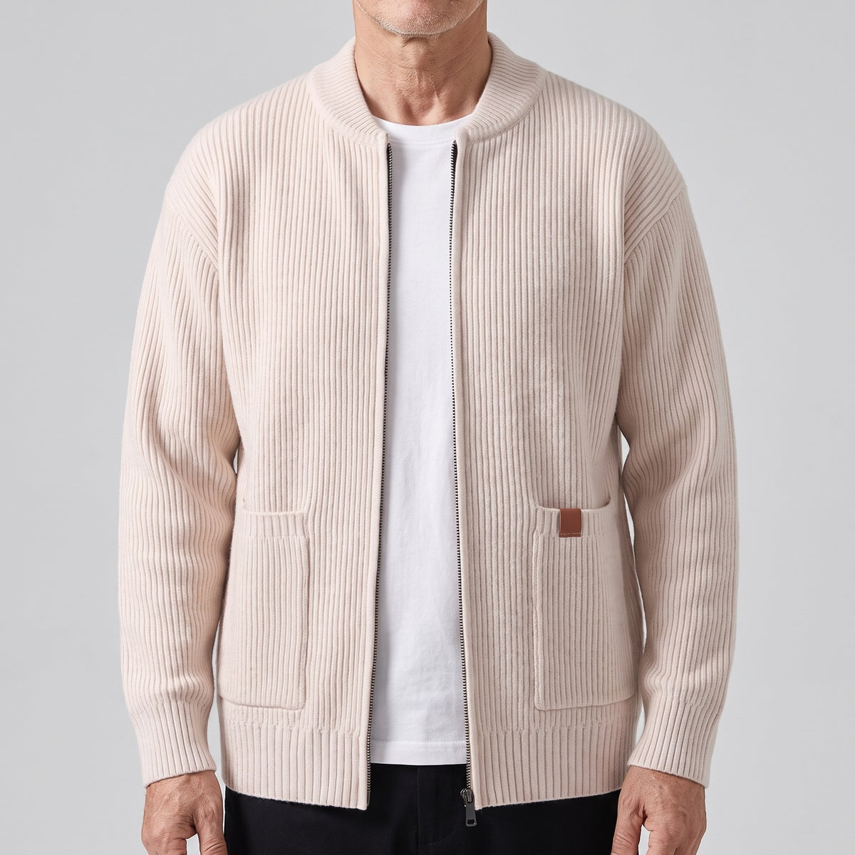 Men's ribbed knit cardigan with a zip and patch pockets - beige