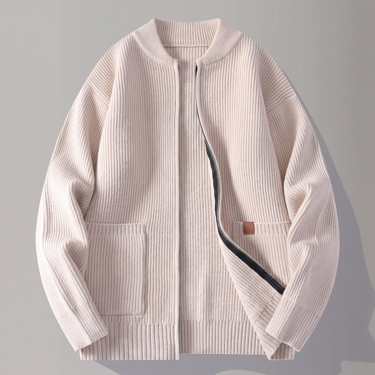 Men's ribbed knit cardigan with a zip and patch pockets - beige