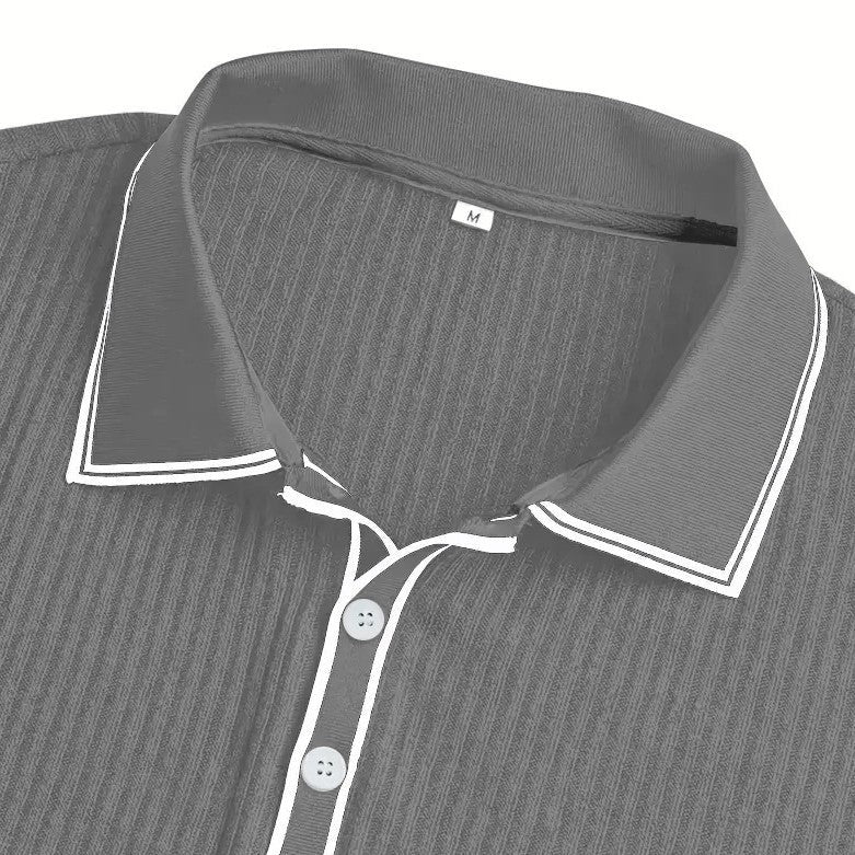 Men's ribbed long sleeve polo with contrast tipping on the collar and placket - view 4