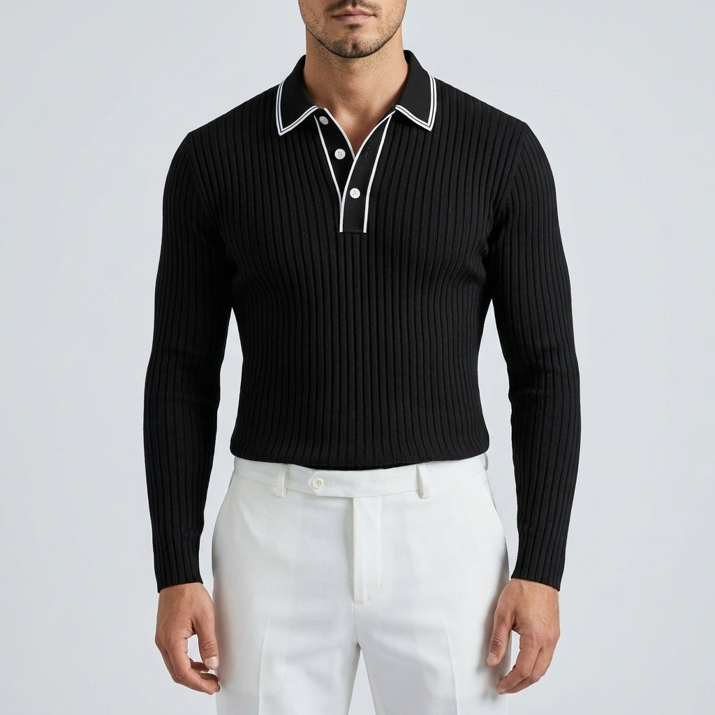 Men's ribbed long sleeve polo with contrast tipping on the collar and placket - view 5