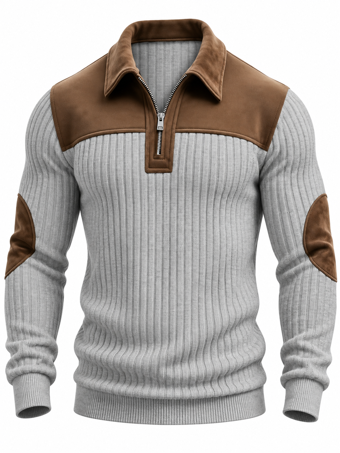 Men's ribbed quarter-zip jumper with a suede-look yoke and elbow patches - light grey