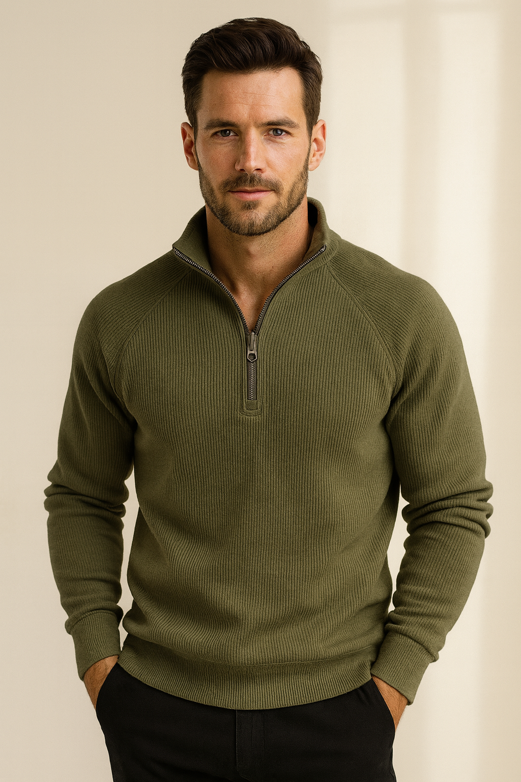 Men's ribbed quarter-zip sweatshirt with a stand collar