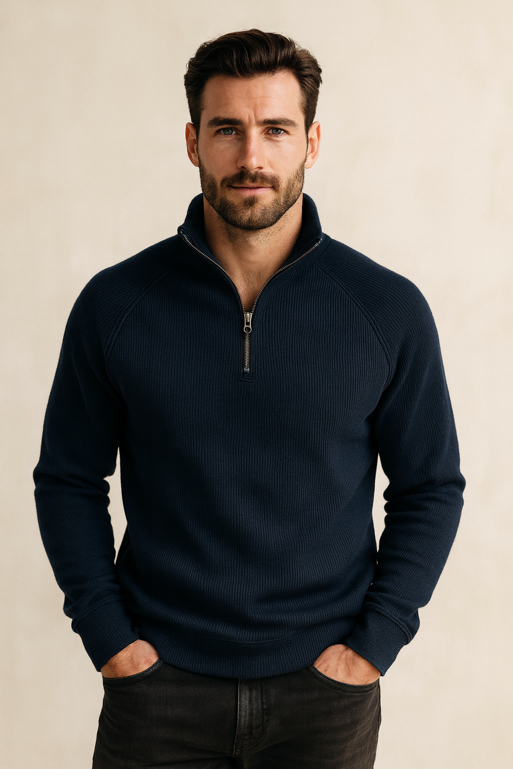 Men's ribbed quarter-zip sweatshirt with a stand collar