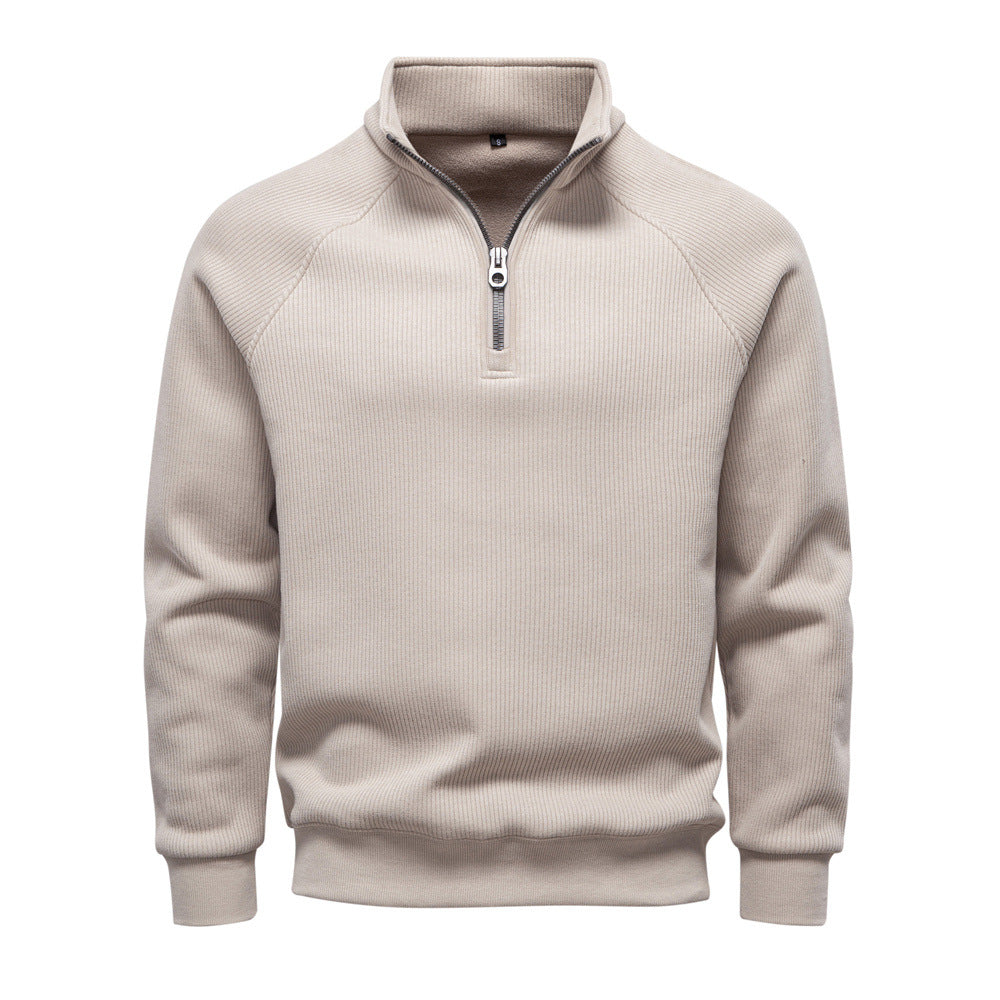 Men's ribbed quarter-zip sweatshirt with a stand collar - stone