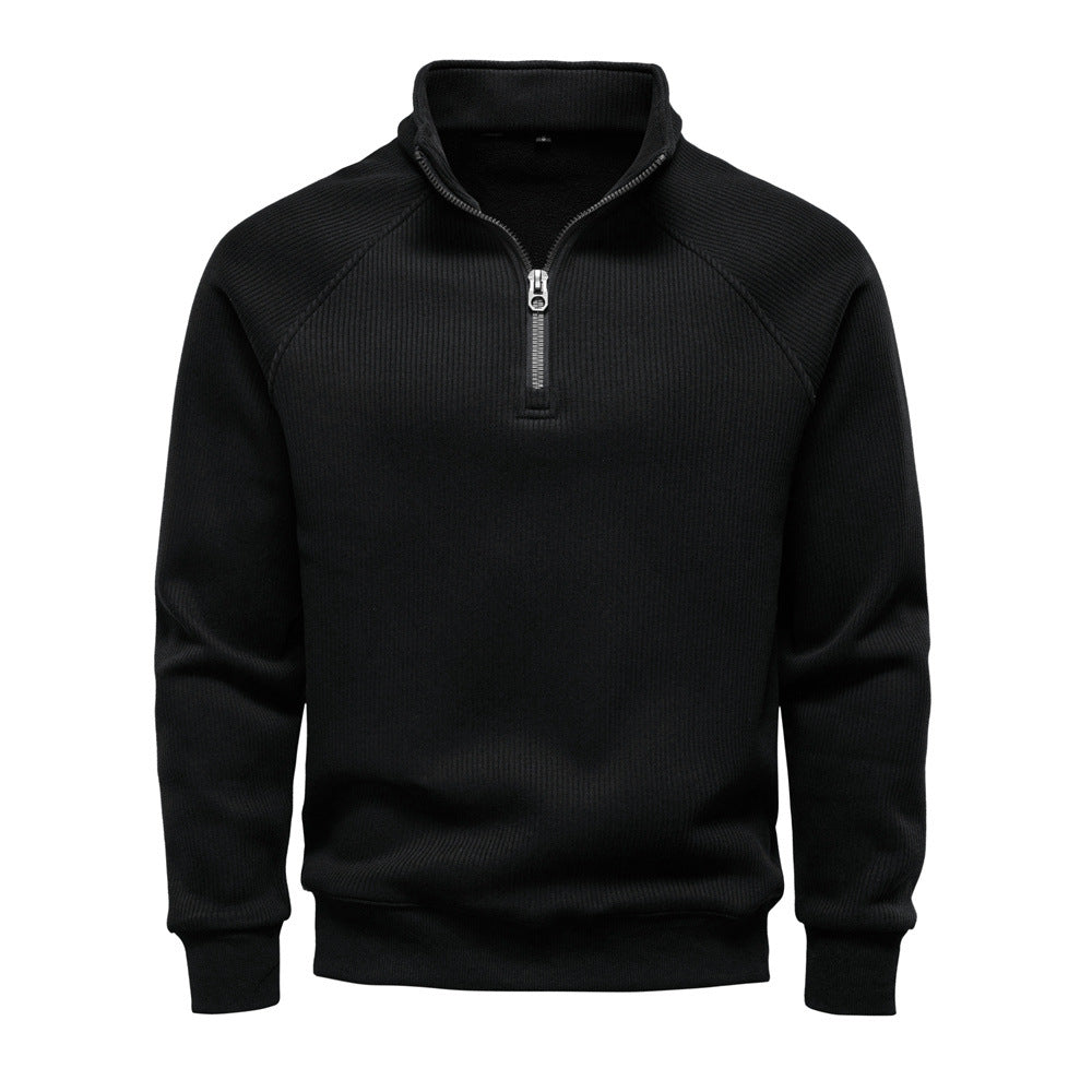 Men's ribbed quarter-zip sweatshirt with a stand collar - black