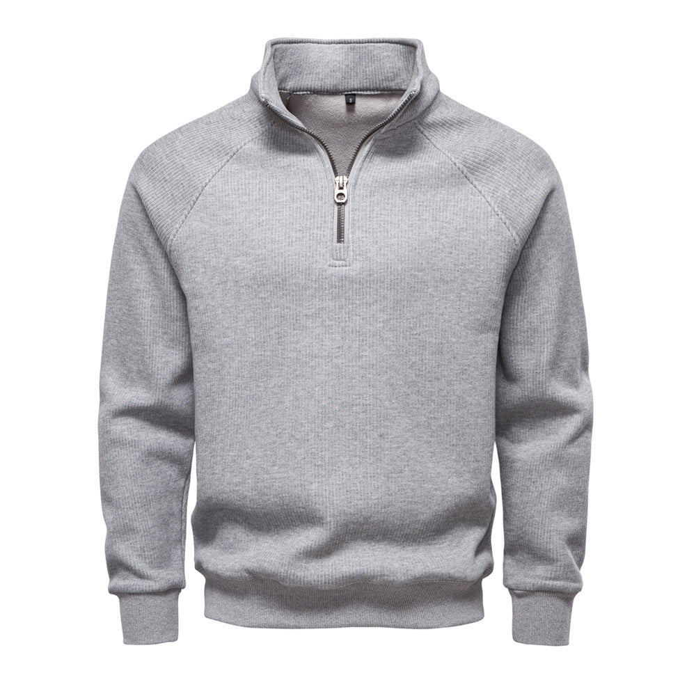 Men's ribbed quarter-zip sweatshirt with a stand collar - light grey