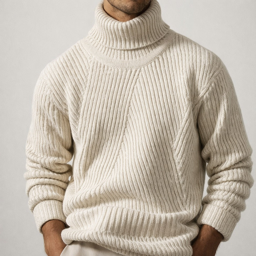 Men's ribbed roll neck jumper with a tall collar and chevron rib - view 2