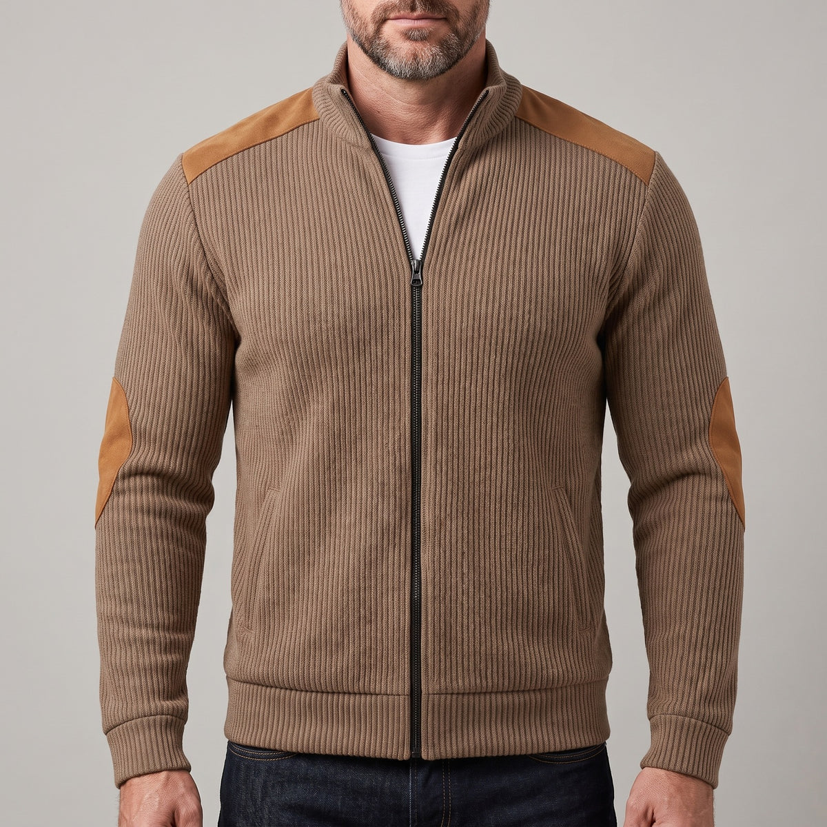 Men's ribbed zip cardigan with suede-look elbow patches - brown