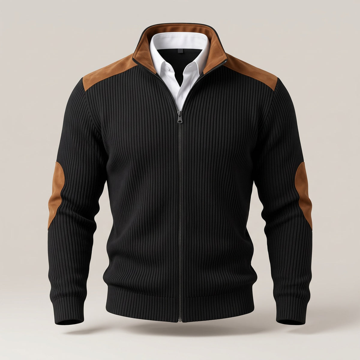 Men's ribbed zip cardigan with suede-look elbow patches - black