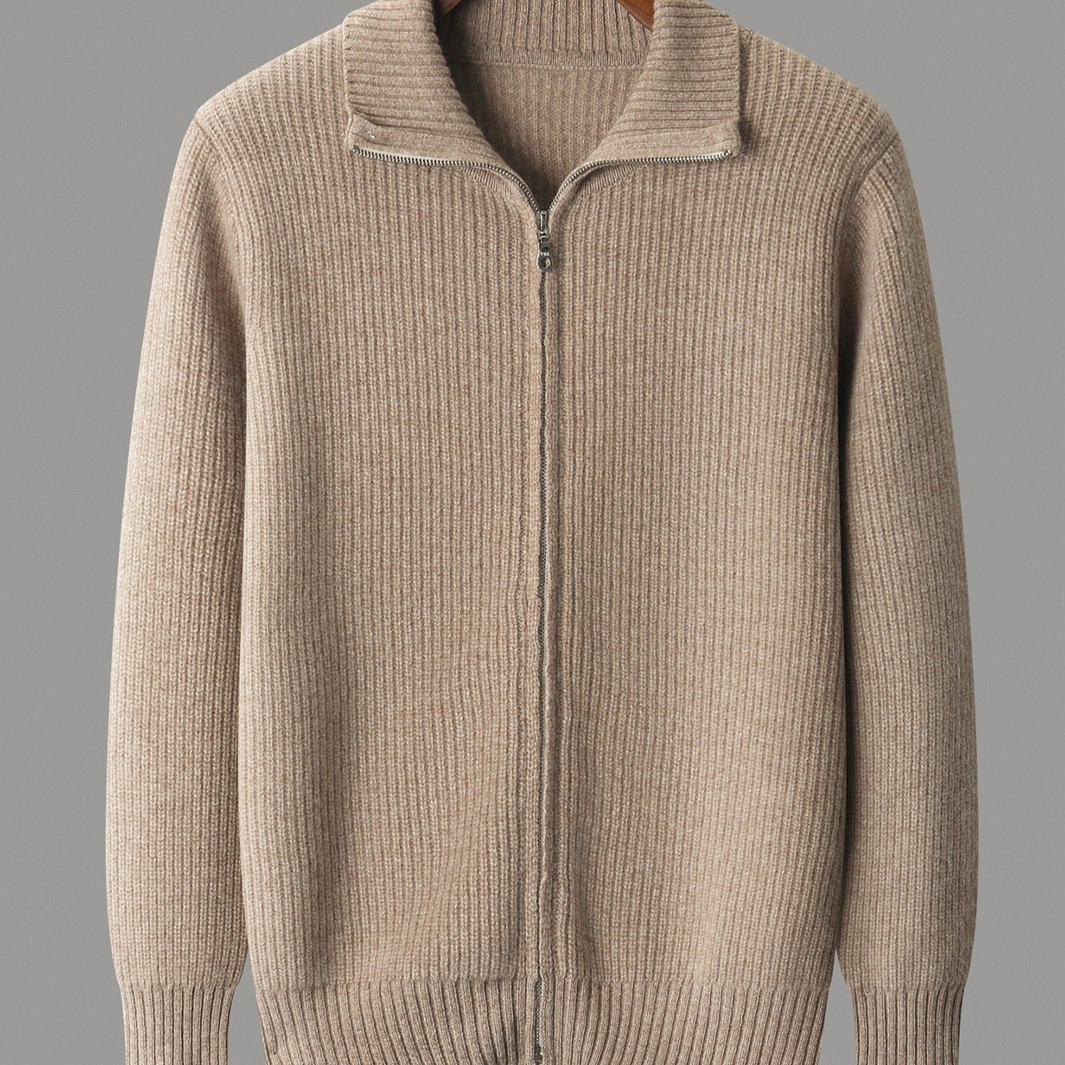 Men's rib knit cardigan with a full-length zip and a tall fold-over collar - camel
