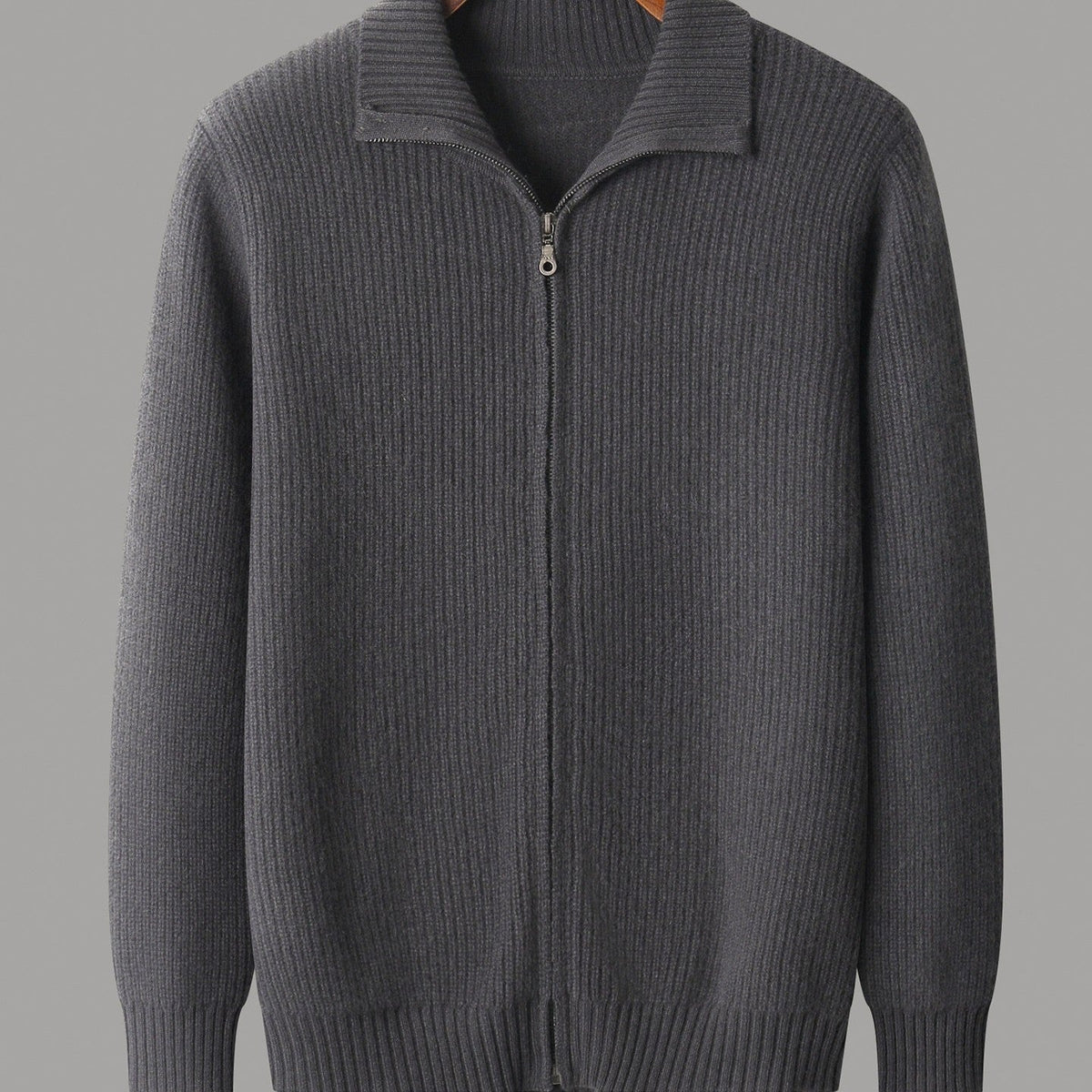 Men's rib knit cardigan with a full-length zip and a tall fold-over collar - grey