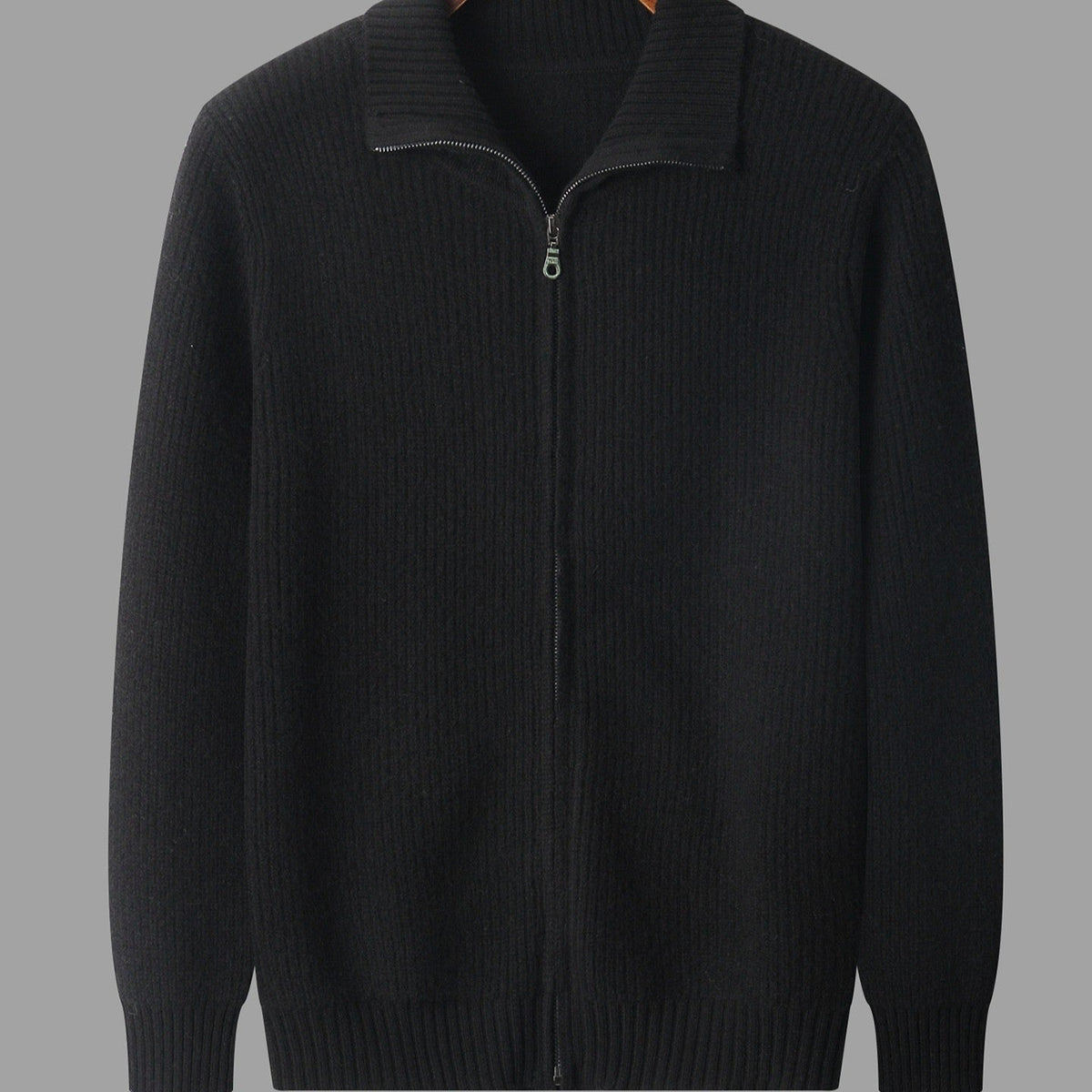 Men's rib knit cardigan with a full-length zip and a tall fold-over collar - black