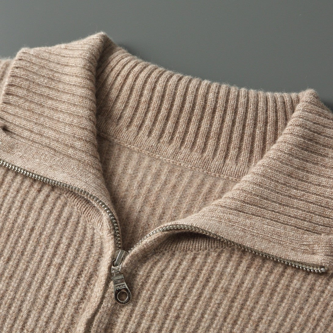 Men's rib knit cardigan with a full-length zip and a tall fold-over collar - view 6