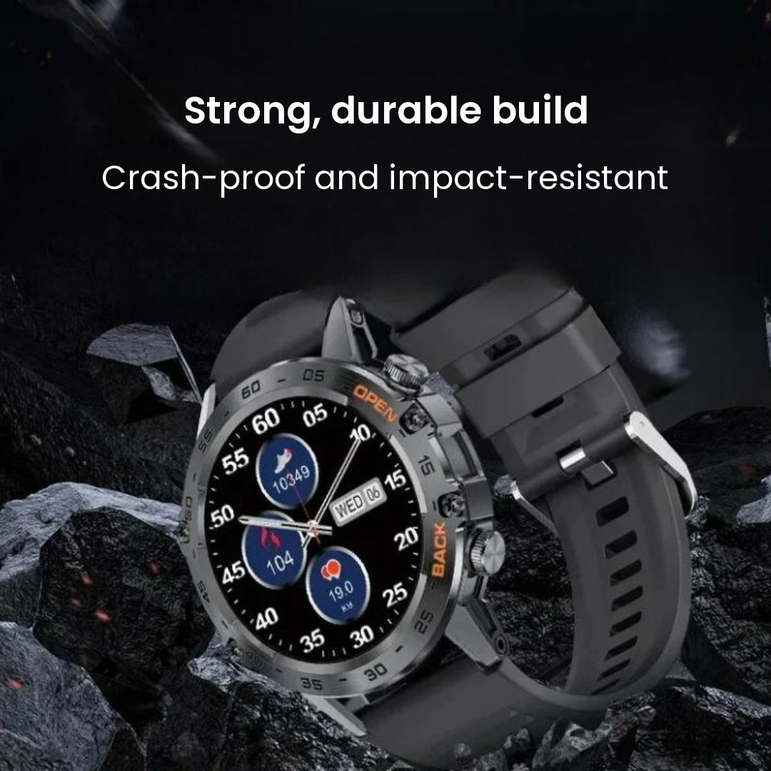 Men's rugged smartwatch on dark rock