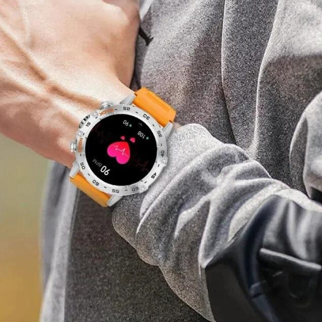Men's rugged smartwatch with an orange strap on the wrist