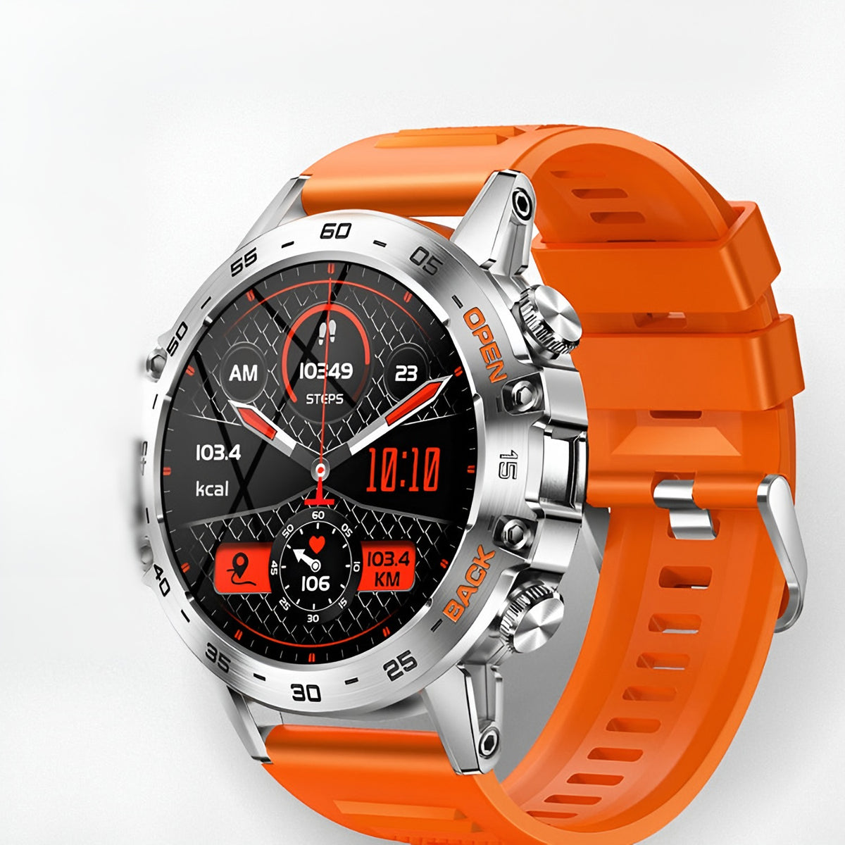 Men's rugged smartwatch with a round display and orange silicone strap