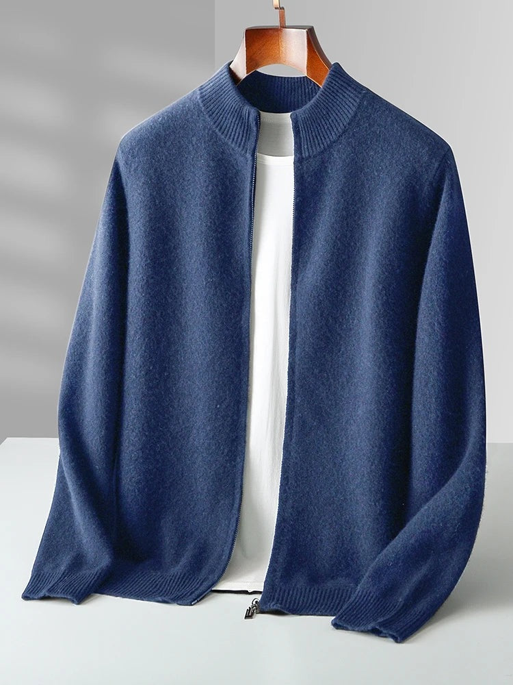Men's seamless knit zip cardigan with a ribbed stand collar - denim blue