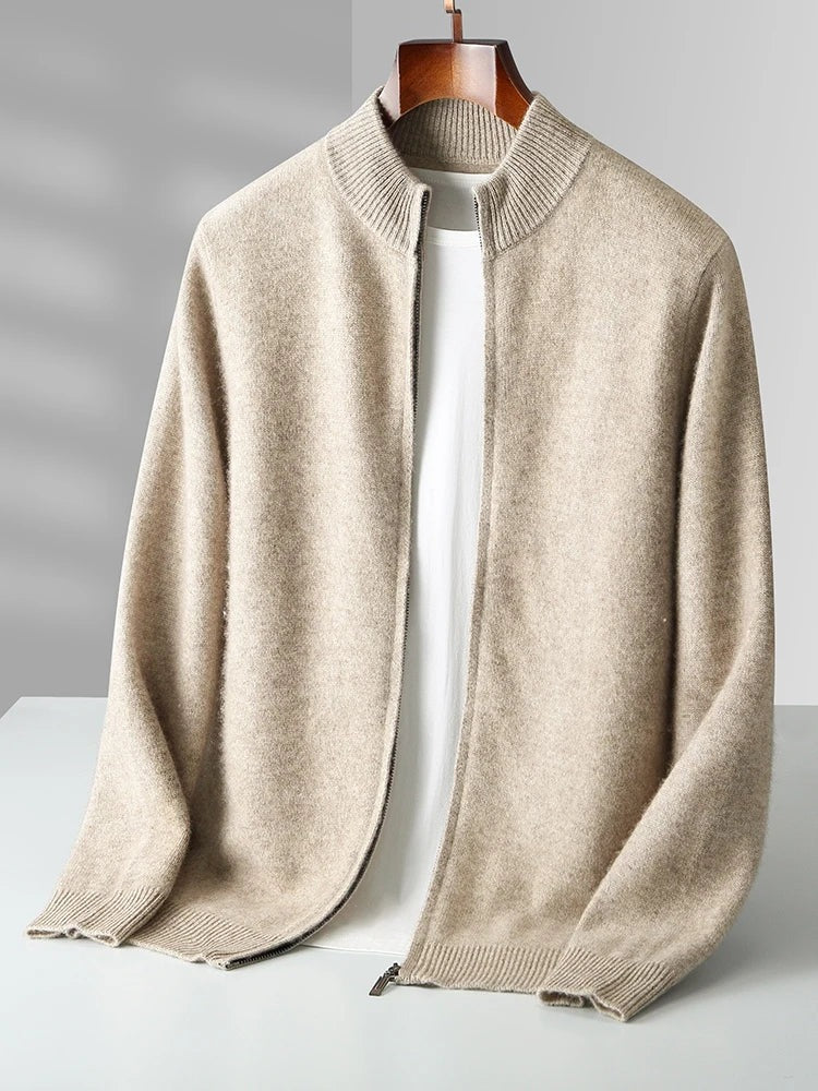 Men's seamless knit zip cardigan with a ribbed stand collar - sand