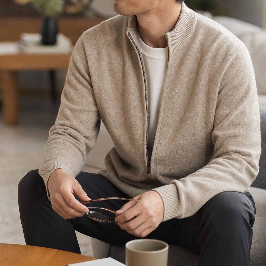 Men's seamless knit zip cardigan with a ribbed stand collar - view 5