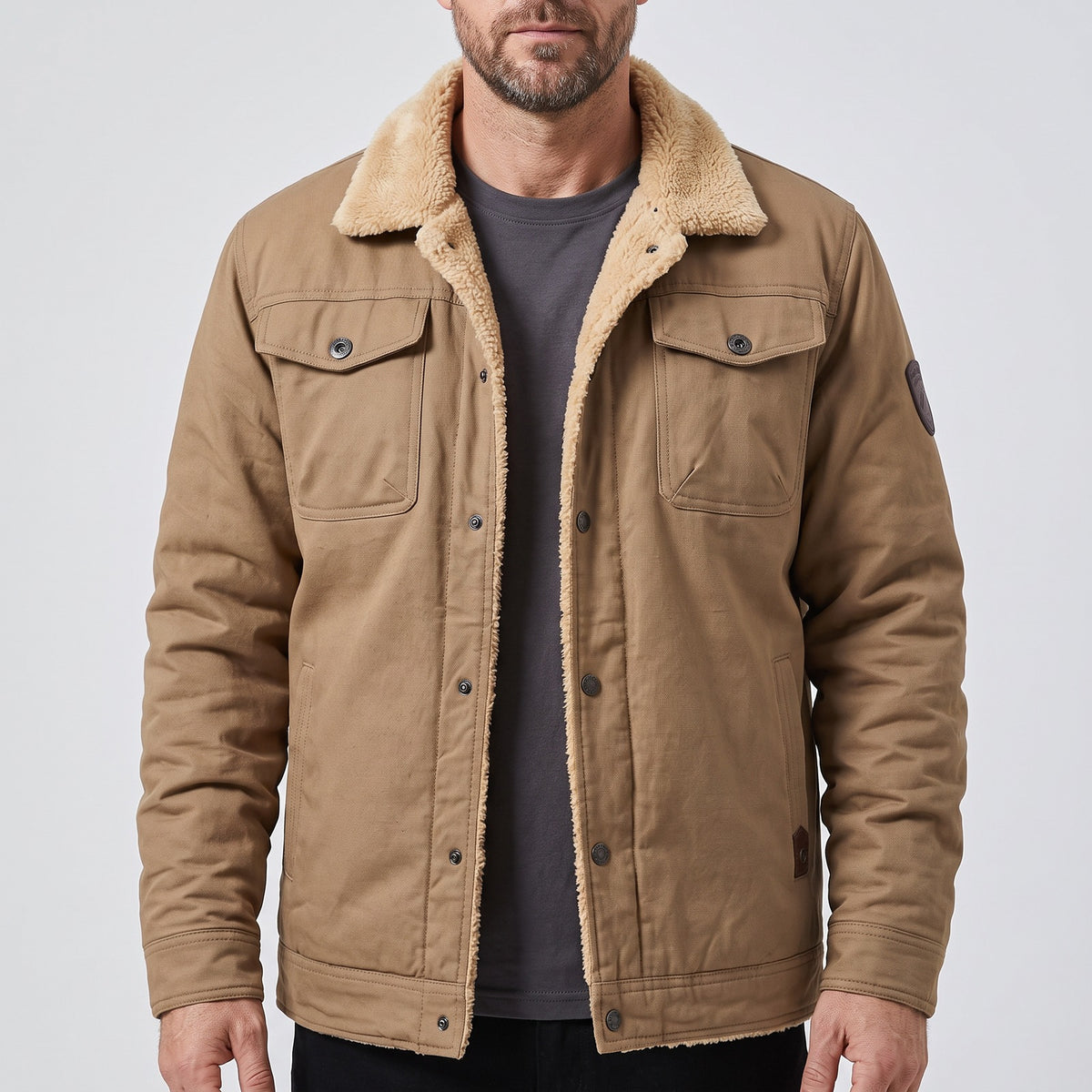 Men's sherpa-lined jacket with two flap chest pockets - khaki