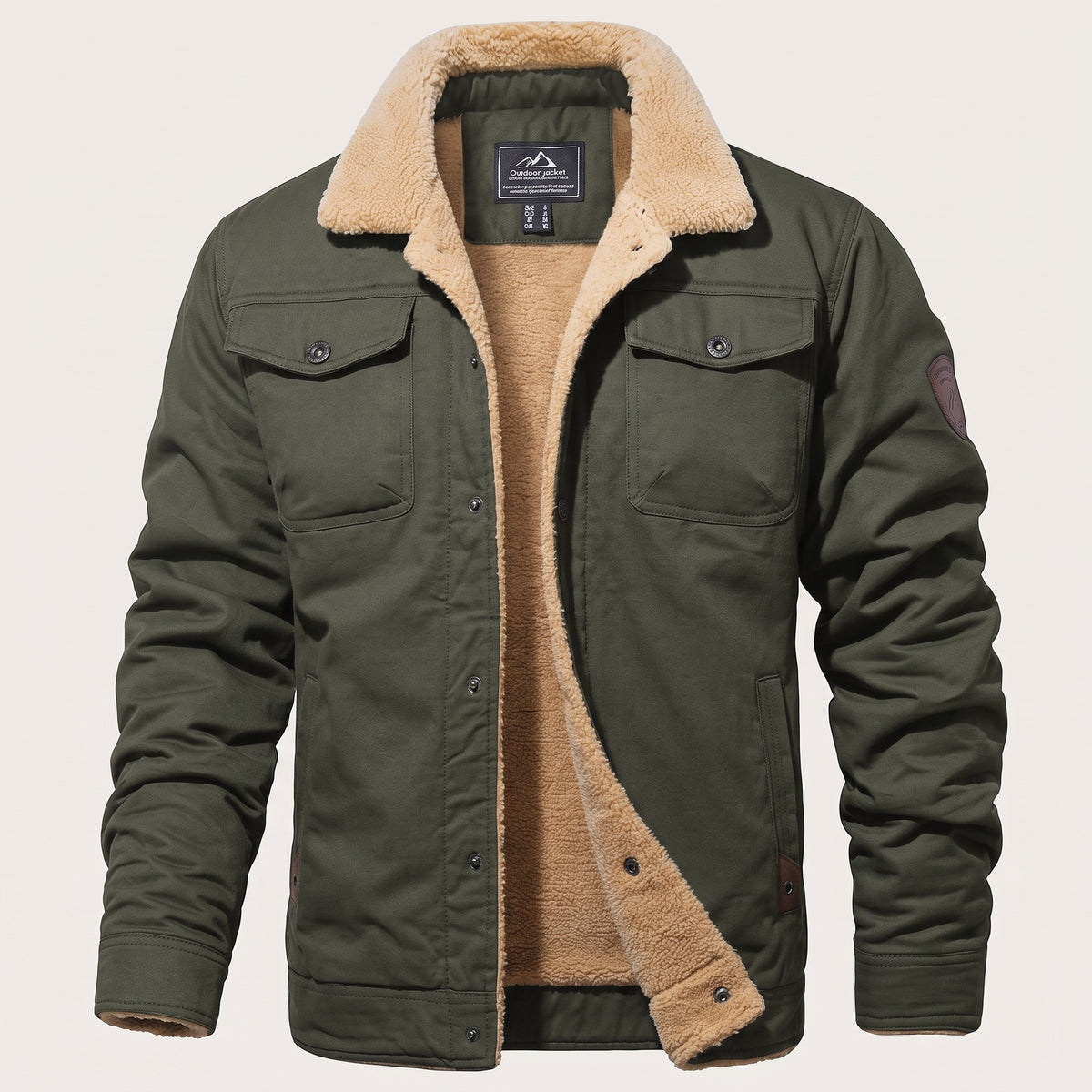 Men's sherpa-lined jacket with two flap chest pockets - army green