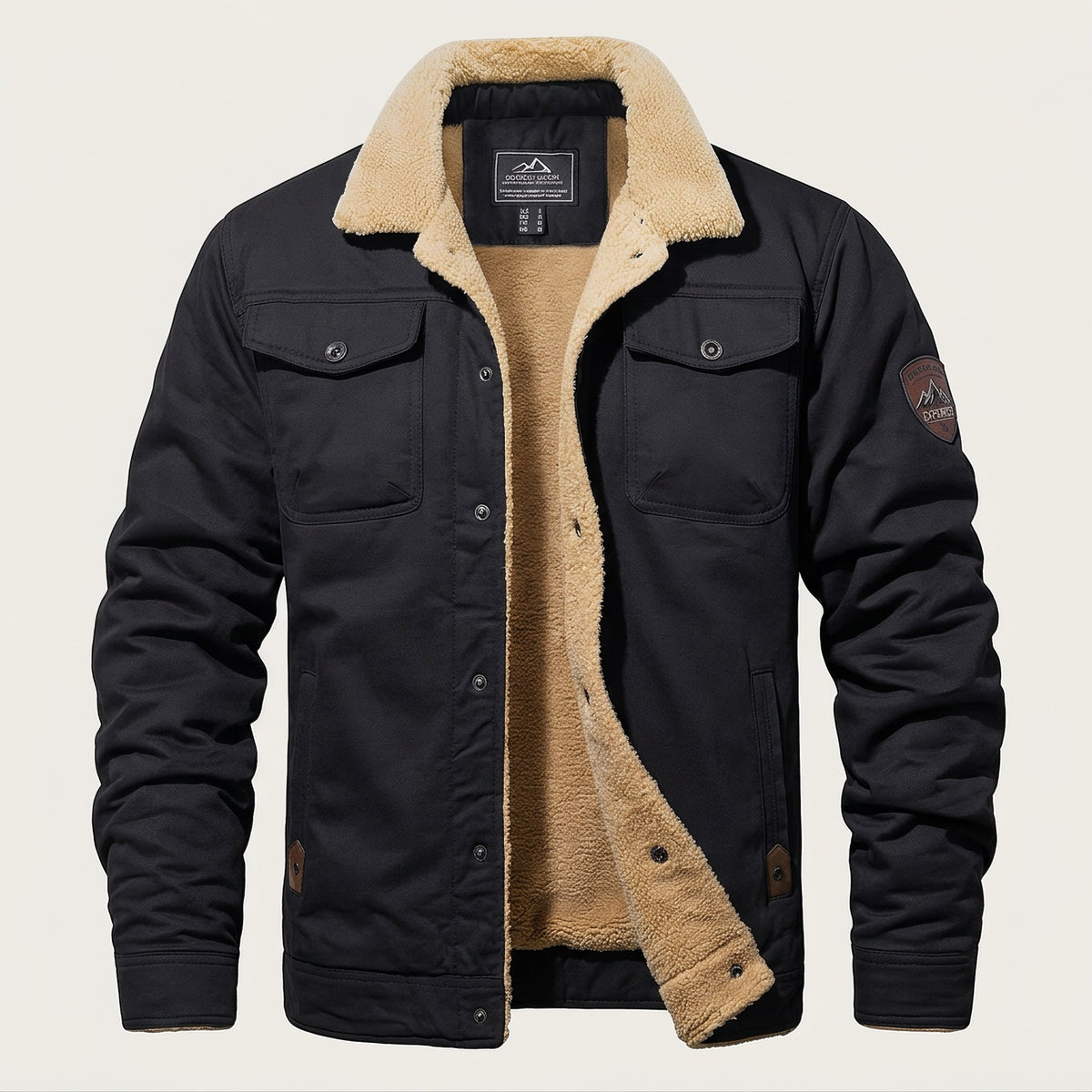 Men's sherpa-lined jacket with two flap chest pockets - black