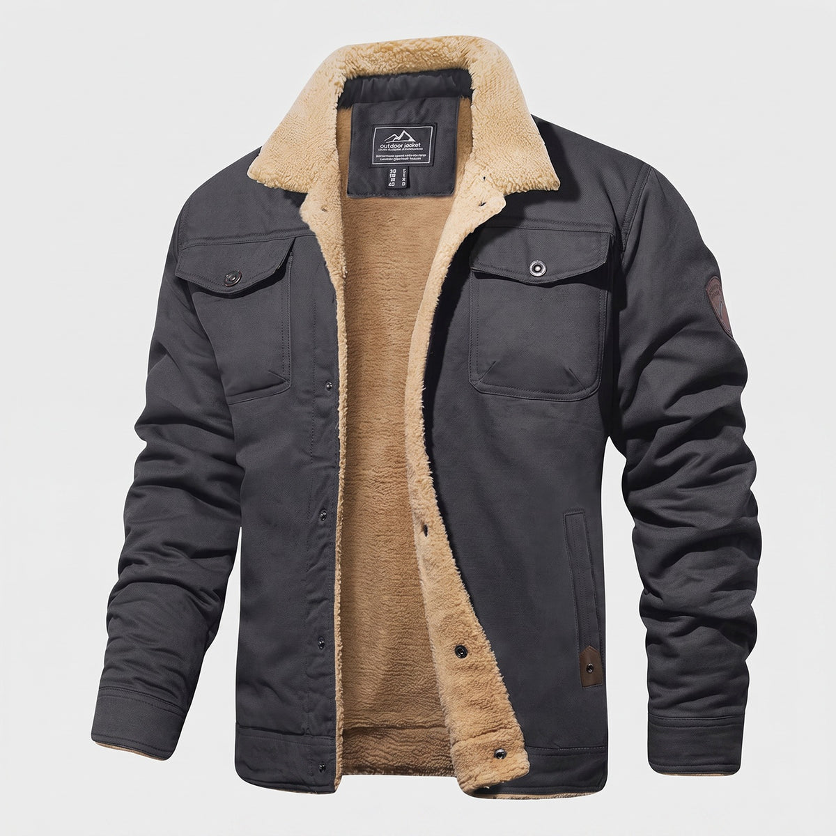 Men's sherpa-lined jacket with two flap chest pockets - dark grey