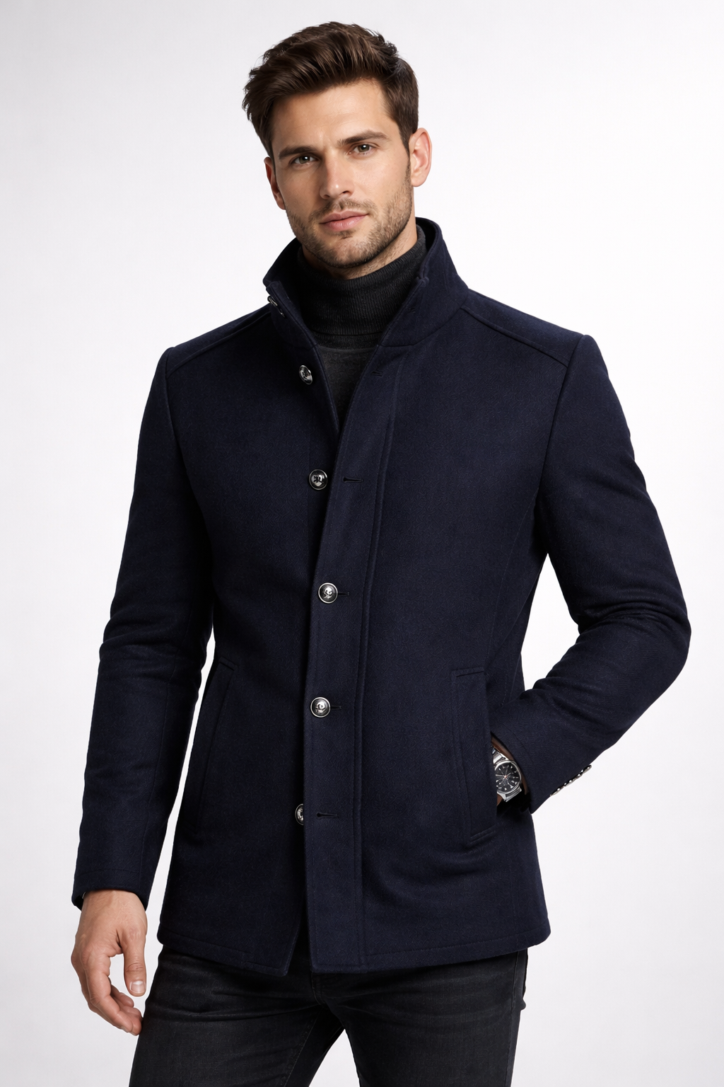 Men's short coat with a stand collar and a padded zip insert