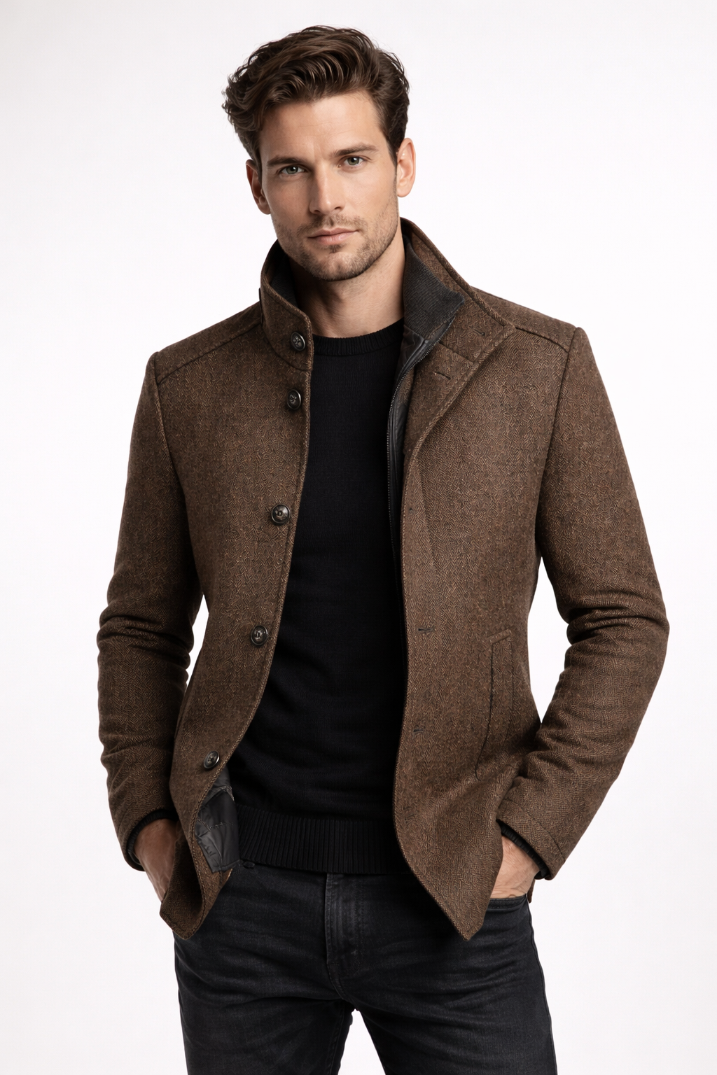 Men's short coat with a stand collar and a padded zip insert