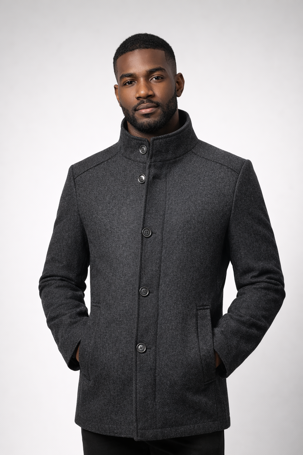 Men's short coat with a stand collar and a padded zip insert