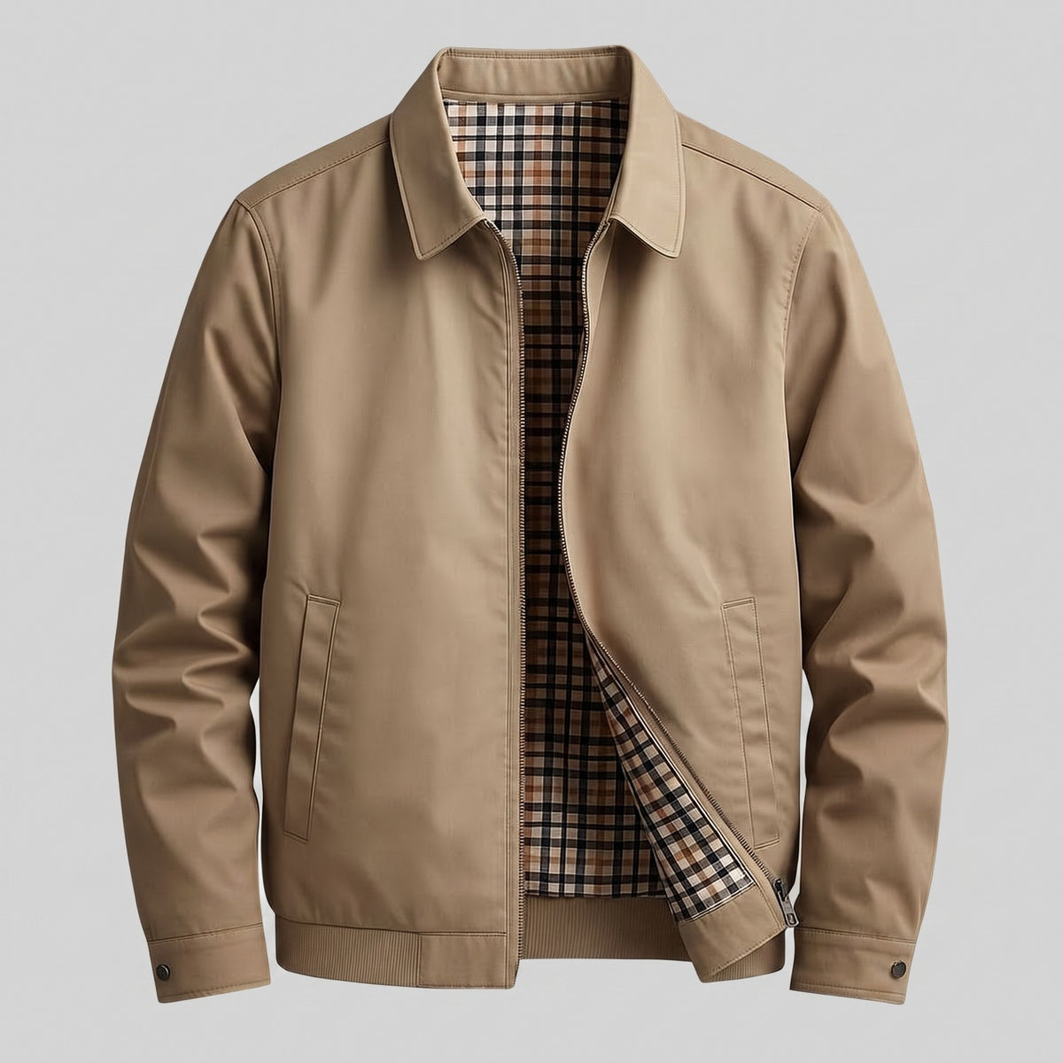 Men's short jacket with a point collar and check lining - light khaki