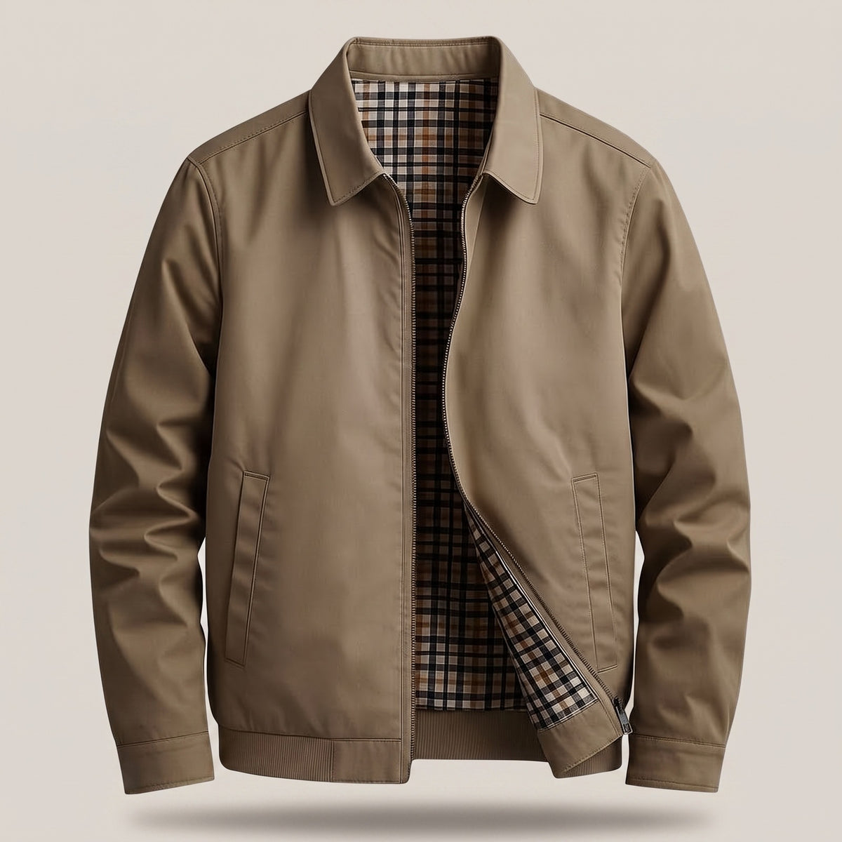 Men's short jacket with a point collar and check lining - dark khaki