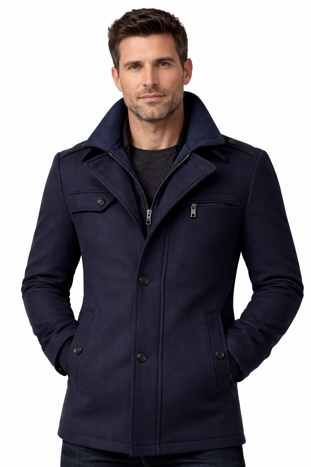 Men's short overcoat with a knitted inner collar and notch lapels