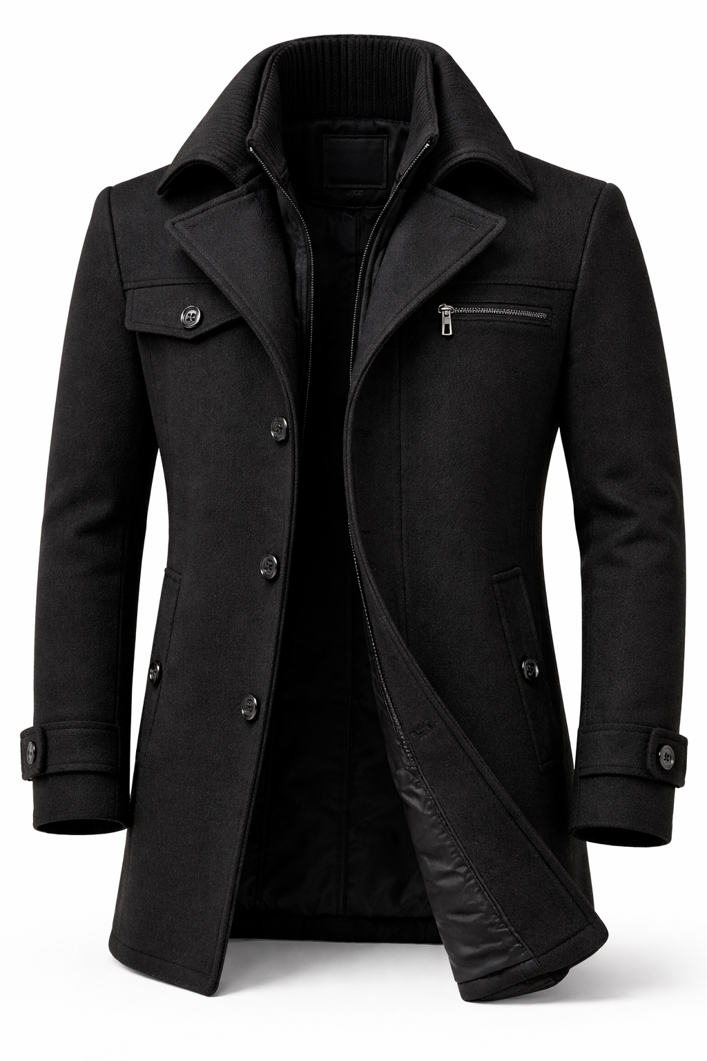 Men's short overcoat with a knitted inner collar and notch lapels - black