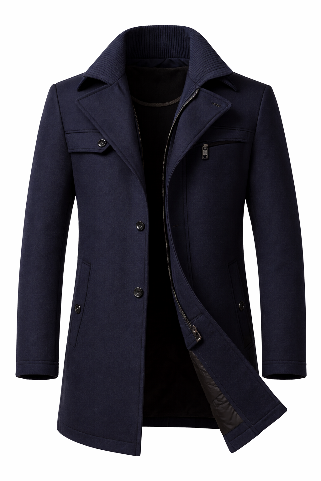 Men's short overcoat with a knitted inner collar and notch lapels - navy