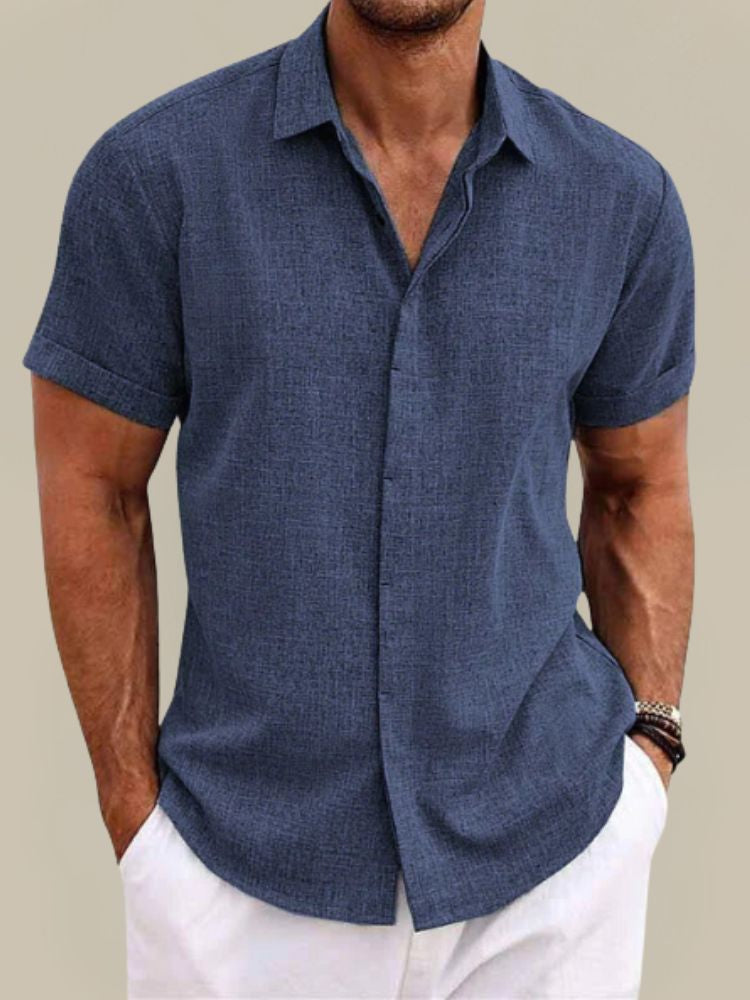Men's short sleeve shirt in a linen look with classic collar and turned-up sleeve hems - dark blue