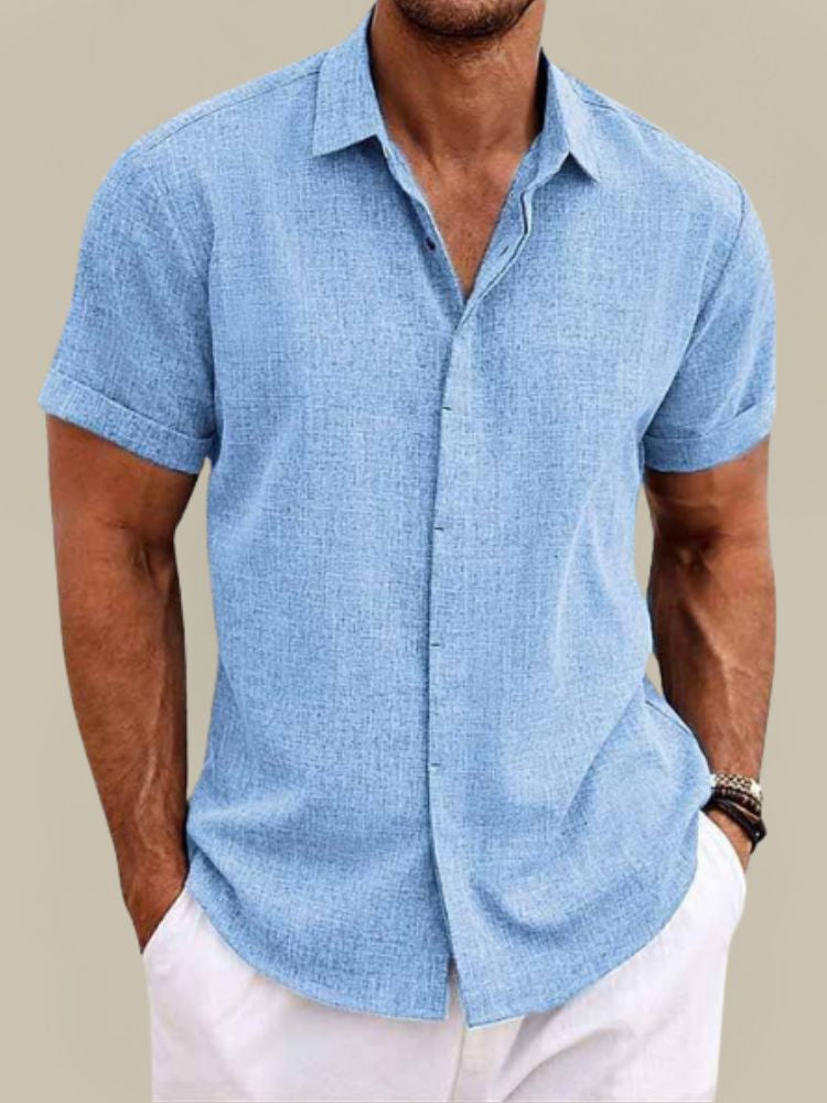 Men's short sleeve shirt in a linen look with classic collar and turned-up sleeve hems - light blue