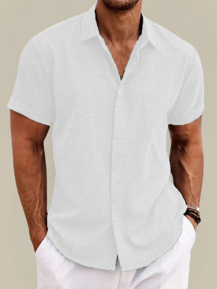 Men's short sleeve shirt in a linen look with classic collar and turned-up sleeve hems - white